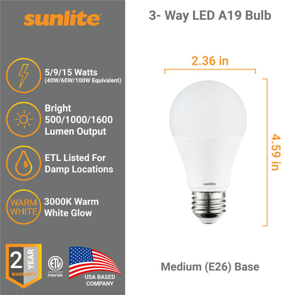 Sunlite 70323 3-Way LED A19 Light Bulb, 5/9/15 Watts (40W 60W 100W Equivalent), 500-1000-1600 Lumens, Medium E26 Base, Omni-Directional, ETL Listed, Frost, 3000K Warm White, 6 Count