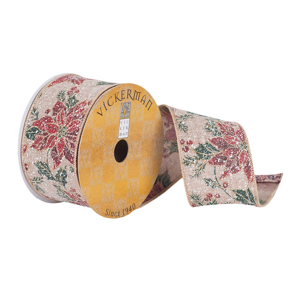 Vickerman 2.5" x 10 yard Frosted Tan Poinsettia  Christmas Ribbon