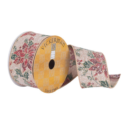 Vickerman 2.5" x 10 yard Frosted Tan Poinsettia  Christmas Ribbon