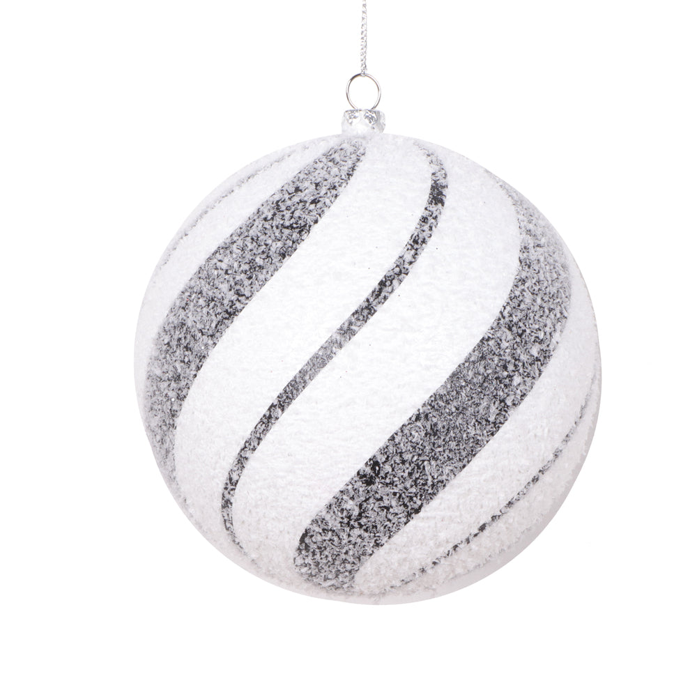 Vickerman 4.7" White Black Swirl Ball Ornament 3 per bag.