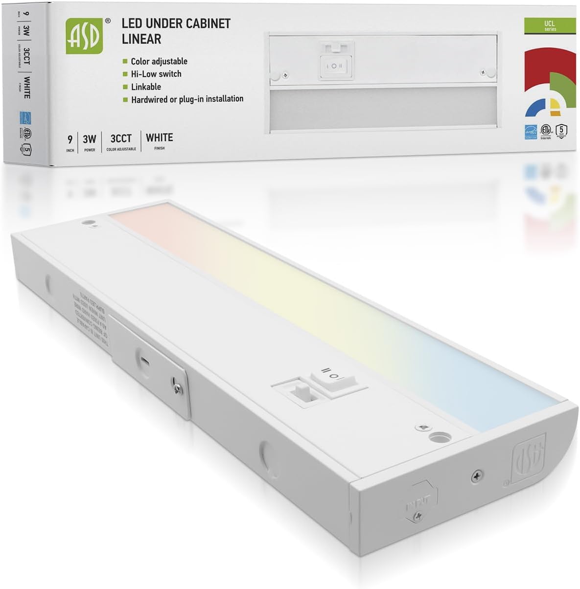 ASD Lighting LED Under Cabinet Linear 9" 3W 120V Dimmable CCT Selectable 2700/3000/4000K Hardwired or Plug-in, Linkable, Hi/Low Switch, White ETL Energy Star