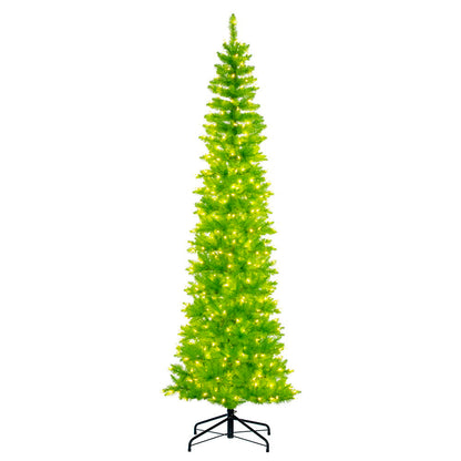 Vickerman 8.5' x 38" Lime Pencil Artificial Pre-Lit Christmas Tree with 600 Dura-Lit® Lime LED Mini Lights. It measures 102 inches tall, and 28 inches wide, which is considered a pencil profile. This tree boasts 1363 tips for a realistic look. Pre-lit wit