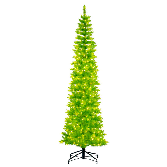 Vickerman 8.5' x 38" Lime Pencil Artificial Pre-Lit Christmas Tree with 600 Dura-Lit® Lime LED Mini Lights. It measures 102 inches tall, and 28 inches wide, which is considered a pencil profile. This tree boasts 1363 tips for a realistic look. Pre-lit wit