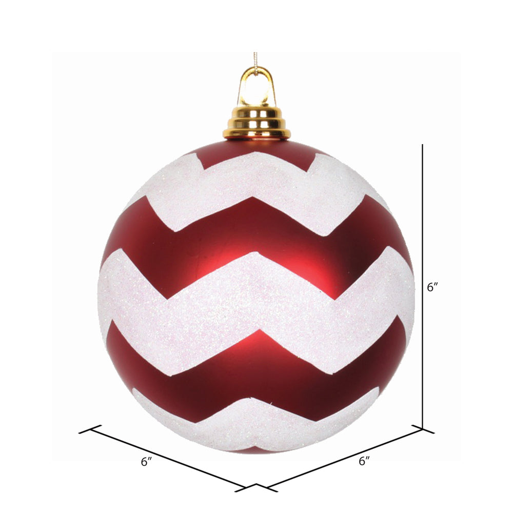 Vickerman 6" Red and White Matte Chevron Ball Christmas Ornament with Glitter Accents