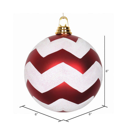 Vickerman 6" Red and White Matte Chevron Ball Christmas Ornament with Glitter Accents