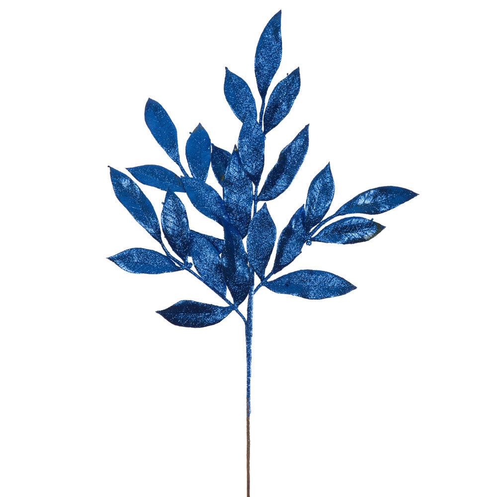 Vickerman 22" Blue Glitter BayLeaf Artificial Christmas Spray. Includes 12 sprays per pack.