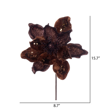 Vickerman 15" Artificial Mocha Deluxe Magnolia Christmas Stem 8" Flower 6 per bag