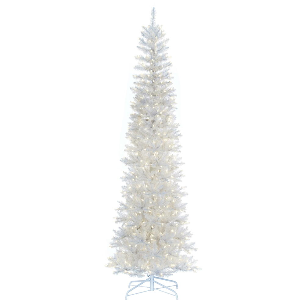 Vickerman 8.5' x 38" White Pencil Artificial Pre-Lit Christmas Tree with 600 Dura-Lit® Warm White LED Mini Lights. It measures 102 inches tall, and 28 inches wide, which is considered a pencil profile. This tree boasts 1363 tips for a realistic look. Pre-