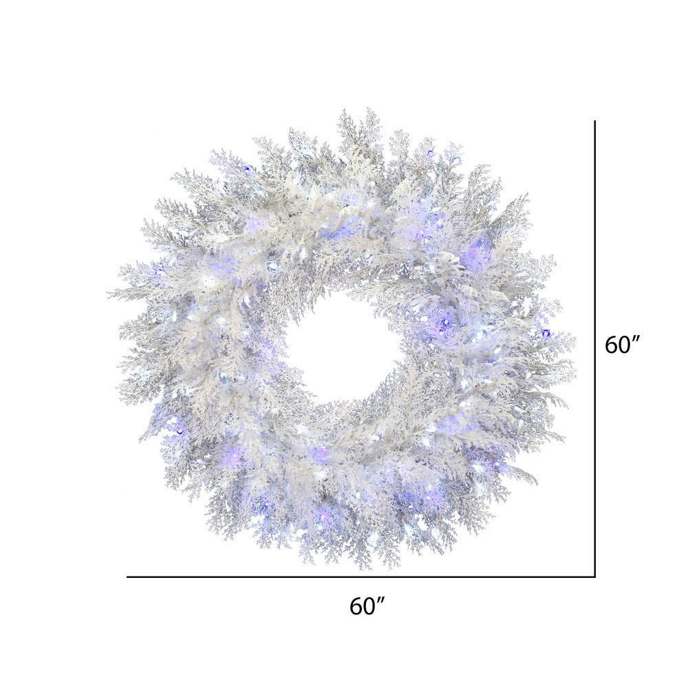 Vickerman 60" Flocked Cedar Pine Artificial Christmas Wreath Pure White and Blue Low Voltage LED Wide Angle Twinkle Lights.