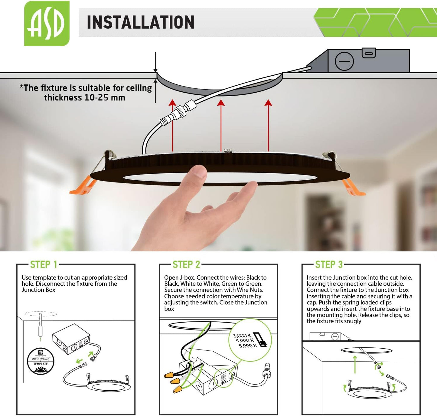 ASD Lighting LED Round Recessed Mini Panel 12" 24W Dimmable CCT Selectable 3000/4000/5000K Oil Rubbed Bronze cETLus