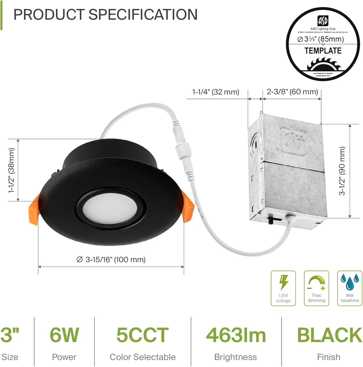 ASD Lighting LED Round Recessed Mini Panel Gimbal Airtight 3" 6W 120V Dimmable CCT Selectable 2700/3000/3500/4000/5000K Black UL 6pack