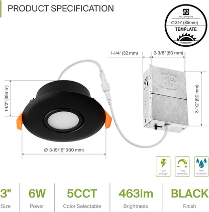 ASD Lighting LED Round Recessed Mini Panel Gimbal Airtight 3" 6W 120V Dimmable CCT Selectable 2700/3000/3500/4000/5000K Black UL 6pack