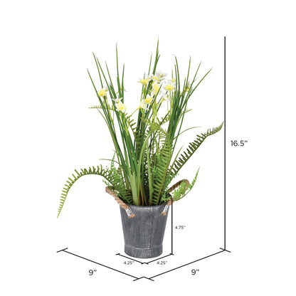 Vickerman 16.5" Artificial Daffodil in Galvanized Pot.