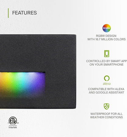 ASD Lighting LED Step Light Horizontal 3W 120V RGBW SMART CCT Selectable 2700-6500K-RGB Dimmable with Smart Hub Black ETL 6pack
