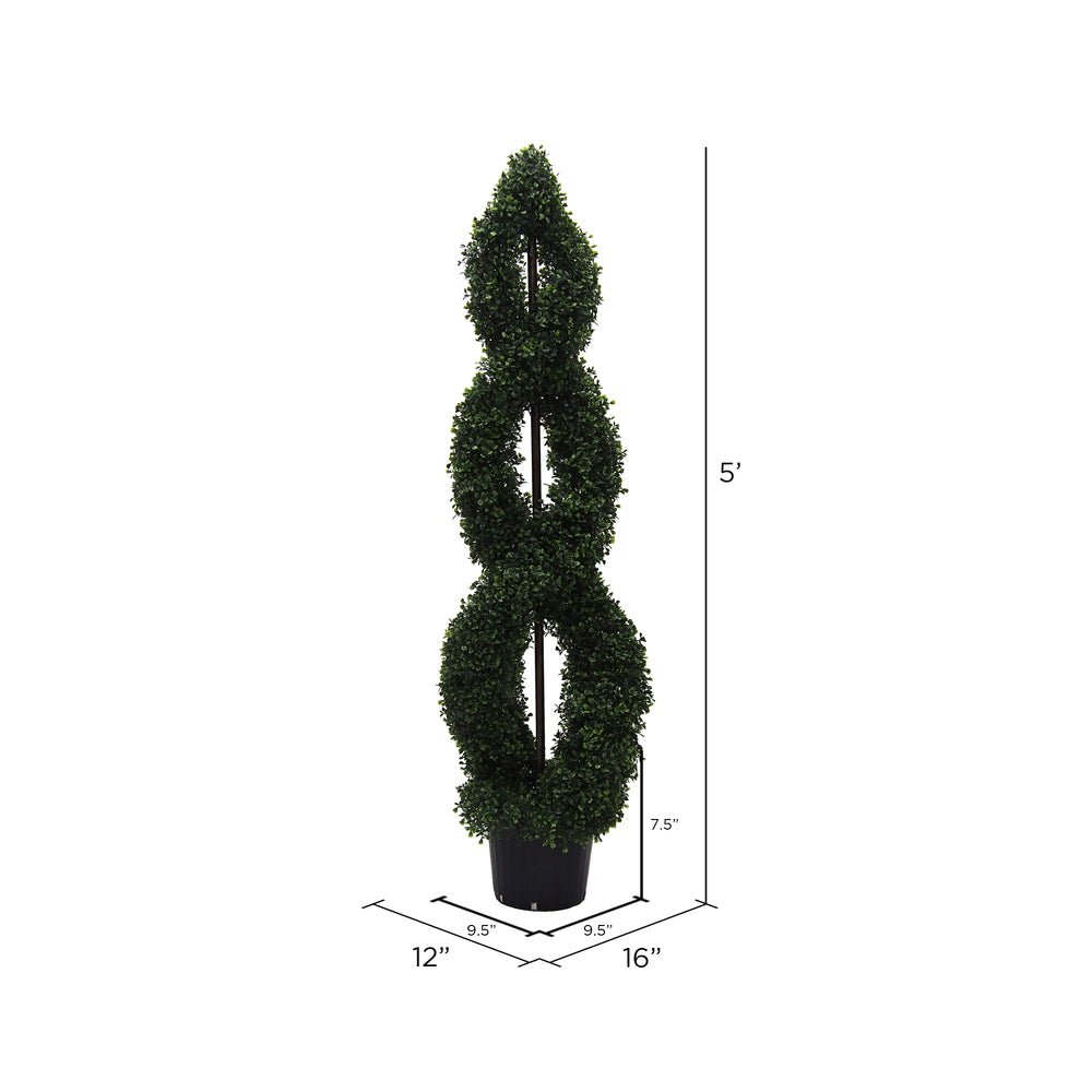 Vickerman 5' Artificial Green Boxwood Double Spiral Topiary Black Plastic Pot.
