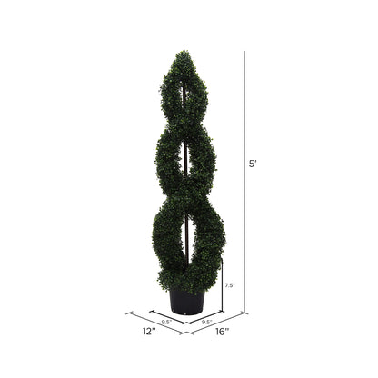 Vickerman 5' Artificial Green Boxwood Double Spiral Topiary Black Plastic Pot.