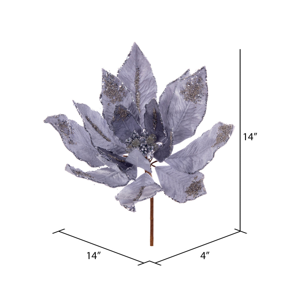 Vickerman 14" Artificial Silver Double Sided Velvet Poinsettia Christmas Pick