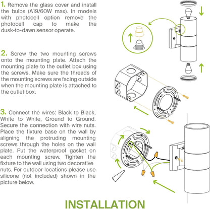 ASD Lighting BULB Round Outdoor Wall Cylinder, Up And Downlight Fixture, 120V, 6.38Wide, 50°, 60W Max, Stainless Steel Finish