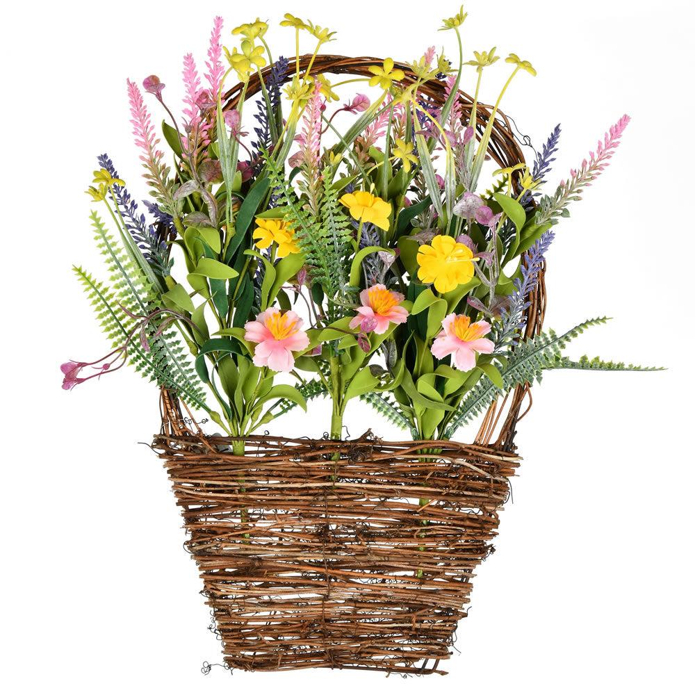 Vickerman 16"x10" Artificial Pink Yellow Wild Flowers Basket. This hanging basket features pink yellow and purple wild flowers with mixed greenery.