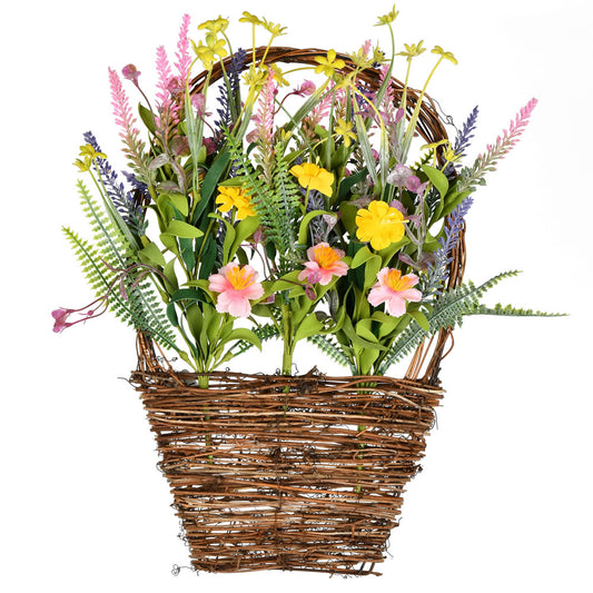 Vickerman 16"x10" Artificial Pink Yellow Wild Flowers Basket. This hanging basket features pink yellow and purple wild flowers with mixed greenery.
