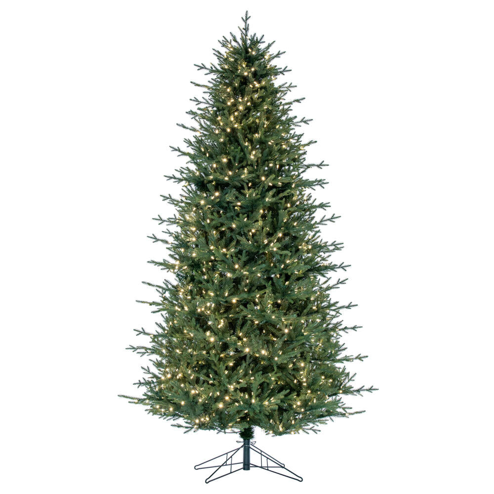 Vickerman 8.5' x 54" Slim Itasca Fraser Fir Artificial Pre-Lit Christmas Tree with 850 Pure White LED Mini Lights, 2326 Realistic PE/PVC Tips, 6' Step On/Off Power Cord and Folding Metal Tree Stand. Assembly is required.