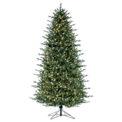 Vickerman 8.5' x 54" Slim Itasca Fraser Fir Artificial Pre-Lit Christmas Tree with 850 Pure White LED Mini Lights, 2326 Realistic PE/PVC Tips, 6' Step On/Off Power Cord and Folding Metal Tree Stand. Assembly is required.