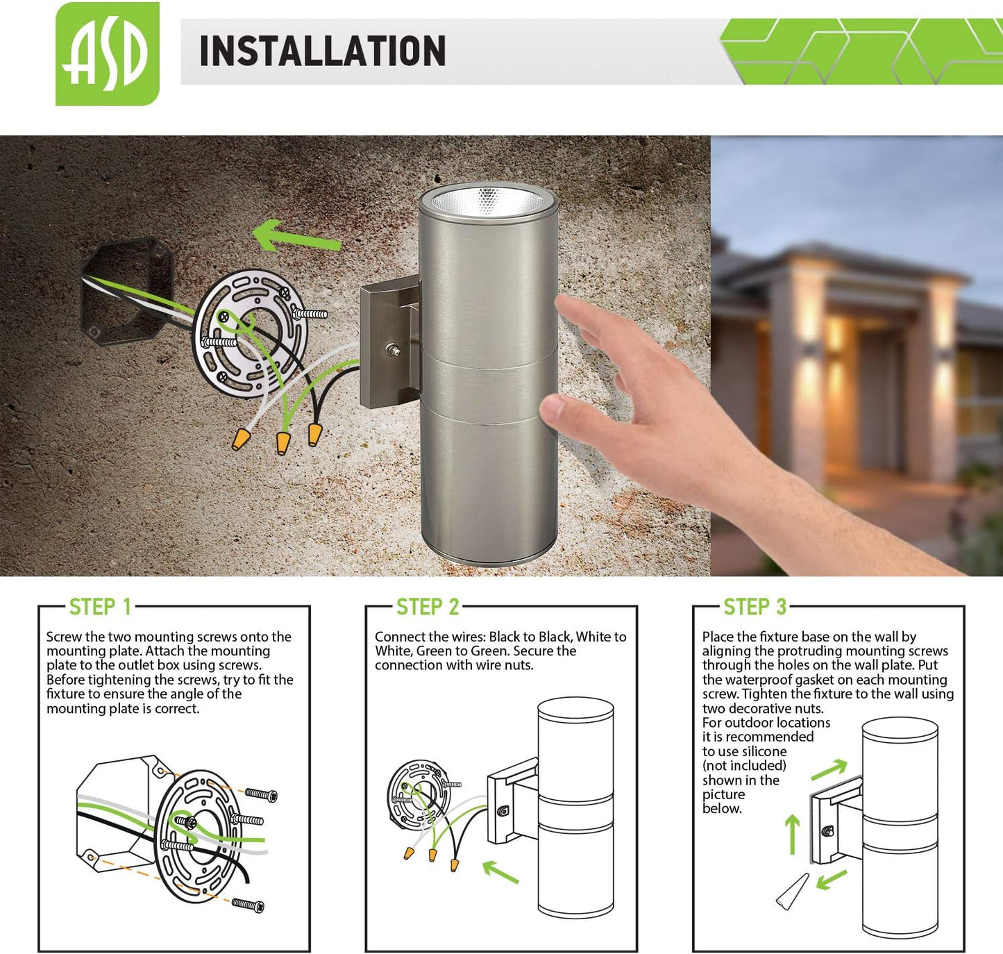 ASD Lighting LED Round Outdoor Wall Cylinder Up and Down 18W 3000K Stainless Steel cETLus