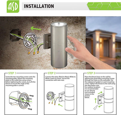 ASD Lighting LED Round Outdoor Wall Cylinder Up and Down 18W 3000K Stainless Steel cETLus