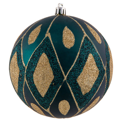 Vickerman 4.75" Sea Blue Matte Ball with Glitter Diamond Pattern. Add variety and sparkle to your holiday arrangement with this matte ornament that features a glitter pattern. Includes 4 pieces per bag. Made with shatterproof plastic. Ornament has a drill