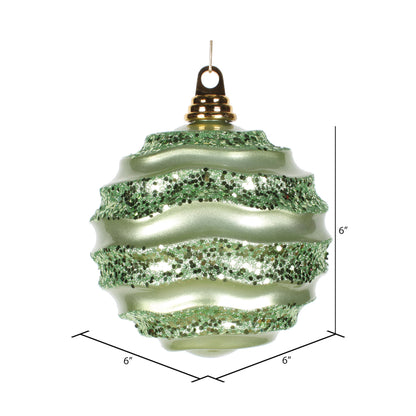 Vickerman 6" Celadon Stripe Candy Finish Wave Ball Christmas Ornament with Glitter Accents