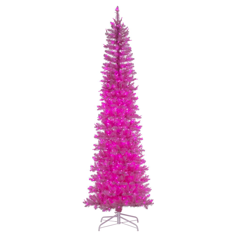 Vickerman 8.5" x38" Pink Pencil Artificial Pre-Lit Christmas Tree with 600 Dura-Lit® Pink LED Mini Lights. It measures 102 inches tall, and 28 inches wide, which is considered a pencil profile. This tree boasts 1363 tips for a realistic look. Pre-lit with
