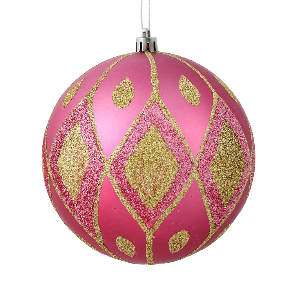 Vickerman 6" Mauve Matte Ball with Glitter Diamond Pattern. Add variety and sparkle to your holiday arrangement with this matte ornament that features a glitter pattern. Includes 3 pieces per bag. Made with shatterproof plastic. Ornament has a drilled cap