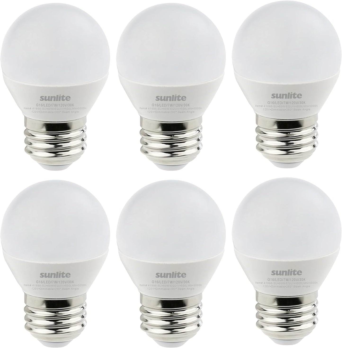 Sunlite LED G16 Decorative Frosted Globe Light Bulb, 7 Watts (60W Equivalent), 500 Lumens, Dimmable, Medium E26 Base, 120 Volts, ETL Listed, 260 Degree Beam Angle, 3000K Warm White, 6 Pack