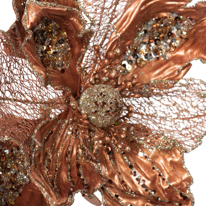 Vickerman 14" Mocha Pearl Glitter Magnolia Artificial Christmas Stem 3 per Bag