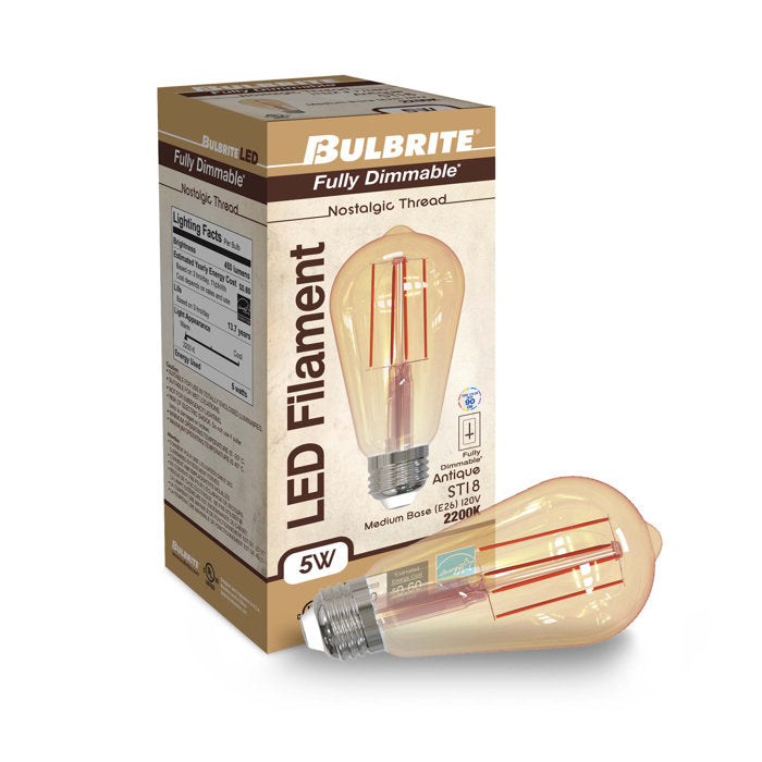 BULBRITE LED ST18 MEDIUM SCREW (E26) 5W DIMMABLE FILAMENT LIGHT BULB 2200K/AMBER 40W INCANDESCENT EQUIVALENT 2PK (776801)