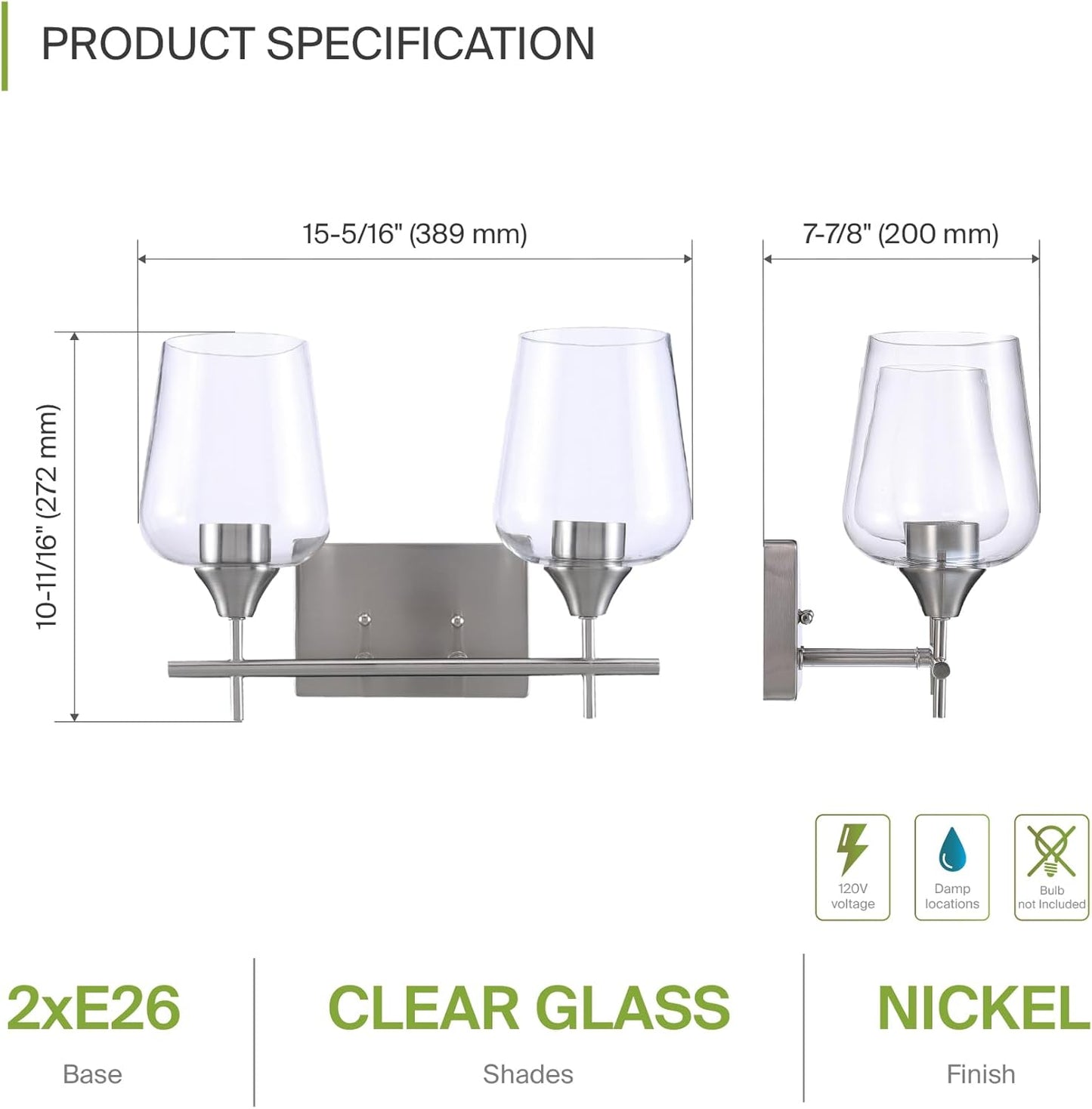 ASD Lighting 2-light Vanity Light 2xE26 60W 120V Clear Glass, Nickel ETL