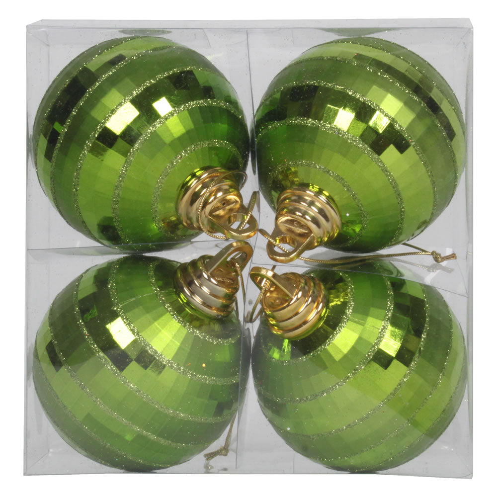 Vickerman 4" Lime Shiny and Matte Mirror Ball Christmas Ornament with Glitter Accents 4 per Box