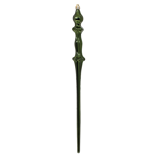 Vickerman 15.7" Moss Green Shiny Icicle Ornament with drilled and wired caps. Comes 3 per Box.