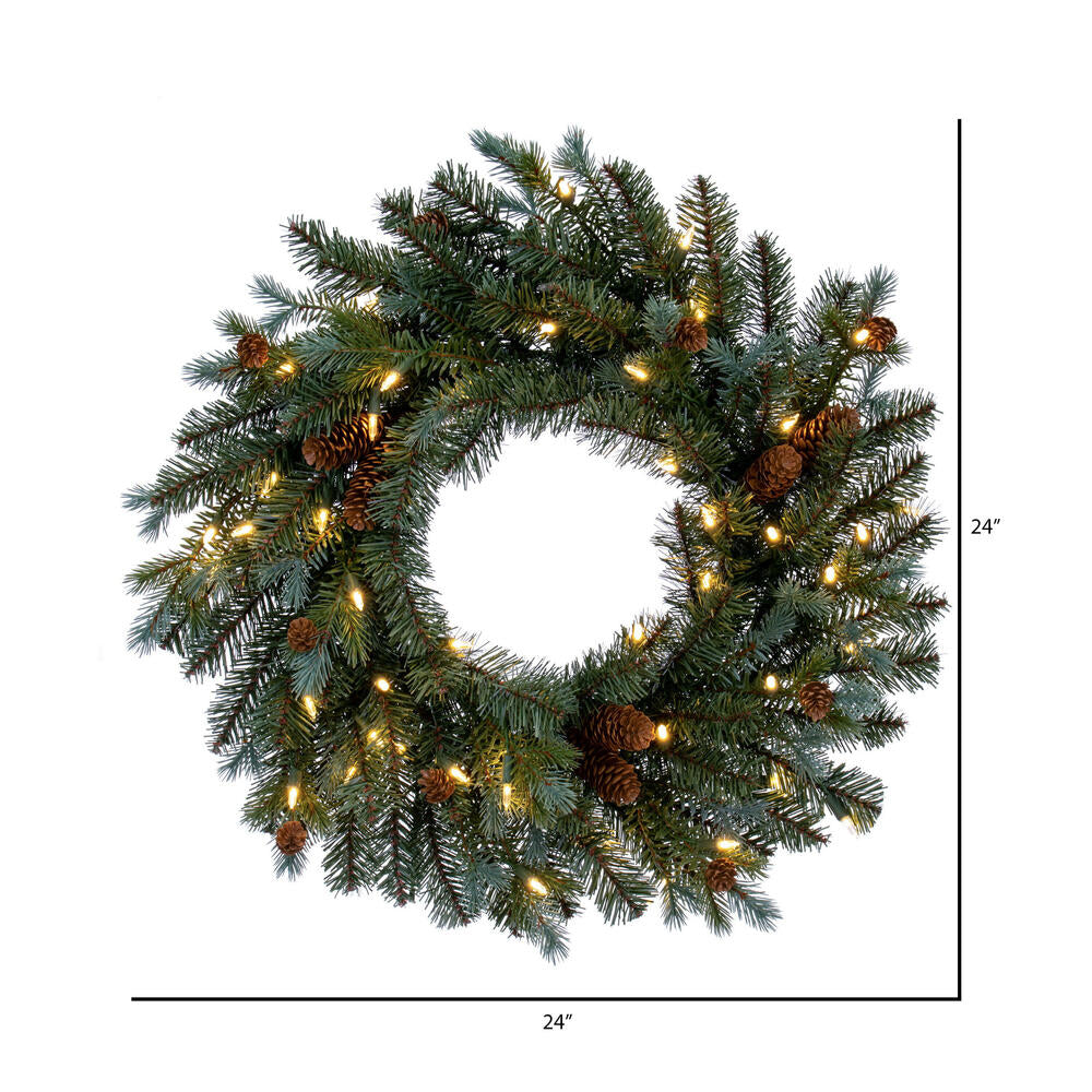 Vickerman 24" Blue Spruce Pine Cone Artificial Pre-Lit Wreath Warm White LED Lights.