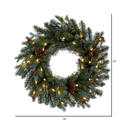 Vickerman 24" Blue Spruce Pine Cone Artificial Pre-Lit Wreath Warm White LED Lights.