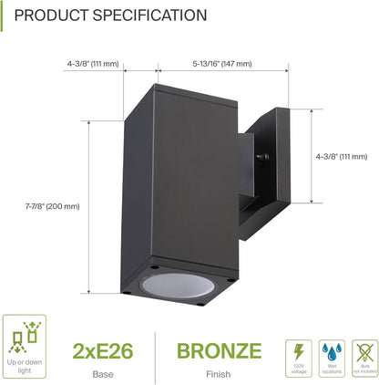 ASD Lighting BULB Square Outdoor Wall Cylinder, Up or Downlight Fixture, 120V, 60W Max, 7.88", 50°, Bronze Finish