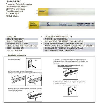 Damar- 4Ft T8 LED Fluorescent Retrofit Tube Light Bulb Direct Replacement Emergency Ballast Compatible 12W 1800 Lumen 6500K Daylight G13 Bi-Pin Base 220? Beam Angle 120-277V Pack of 10- for Garage