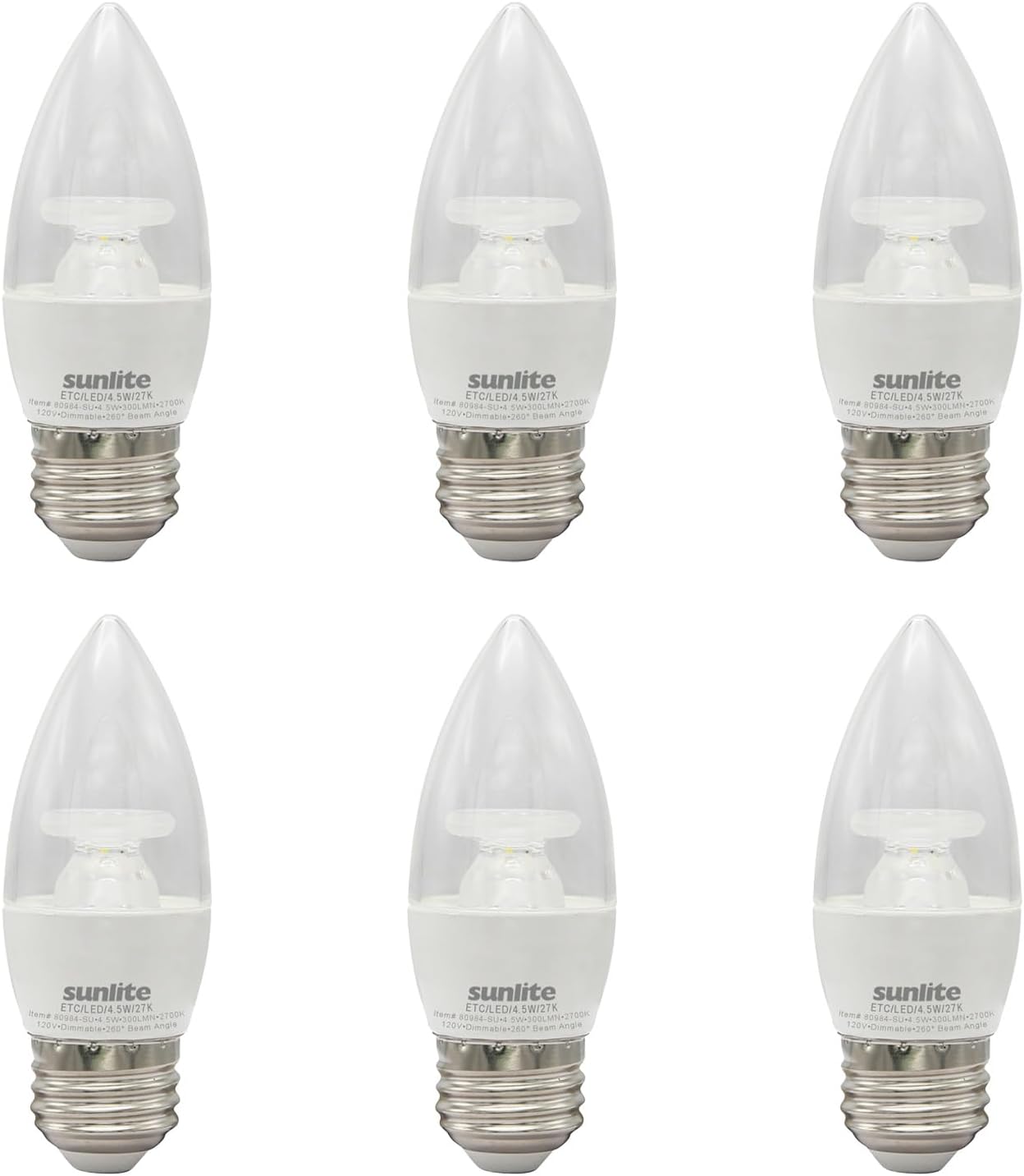 Sunlite LED B11 Clear Chandelier Light Bulb, 4.5 Watts (40W=), 300 Lumens, 120 Volts, Dimmable, Medium E26 Base, Energy Star, 90 CRI, ETL Listed, Torpedo Tip, 2700K Warm White, 6 Pack