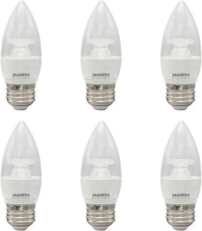 Sunlite LED B11 Clear Chandelier Light Bulb, 4.5 Watts (40W=), 300 Lumens, 120 Volts, Dimmable, Medium E26 Base, Energy Star, 90 CRI, ETL Listed, Torpedo Tip, 2700K Warm White, 6 Pack