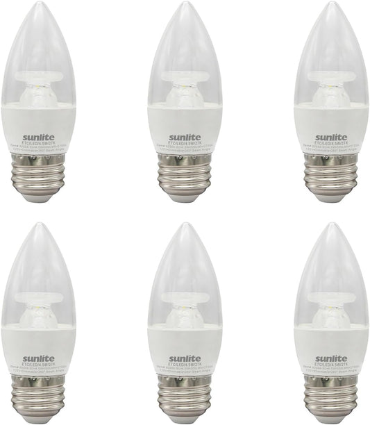 Sunlite LED B11 Clear Chandelier Light Bulb, 4.5 Watts (40W=), 300 Lumens, 120 Volts, Dimmable, Medium E26 Base, Energy Star, 90 CRI, ETL Listed, Torpedo Tip, 2700K Warm White, 6 Pack