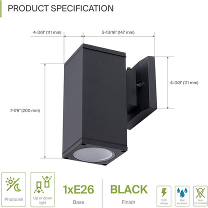 ASD Lighting BULB Square Outdoor Wall Cylinder with Photocell, Up or Downlight Fixture, 120V, 60W Max, 7.88", 50°, Black Finish, 2Pack