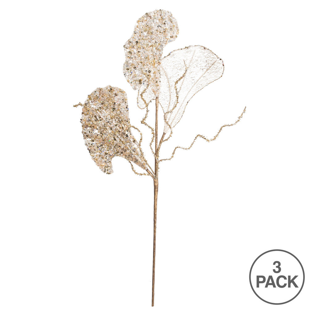 Vickerman 20" Gold Fiddle Leaf Glitter Artificial Christmas Spray. Includes 3 sprays per pack.