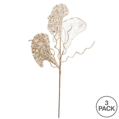Vickerman 20" Gold Fiddle Leaf Glitter Artificial Christmas Spray. Includes 3 sprays per pack.