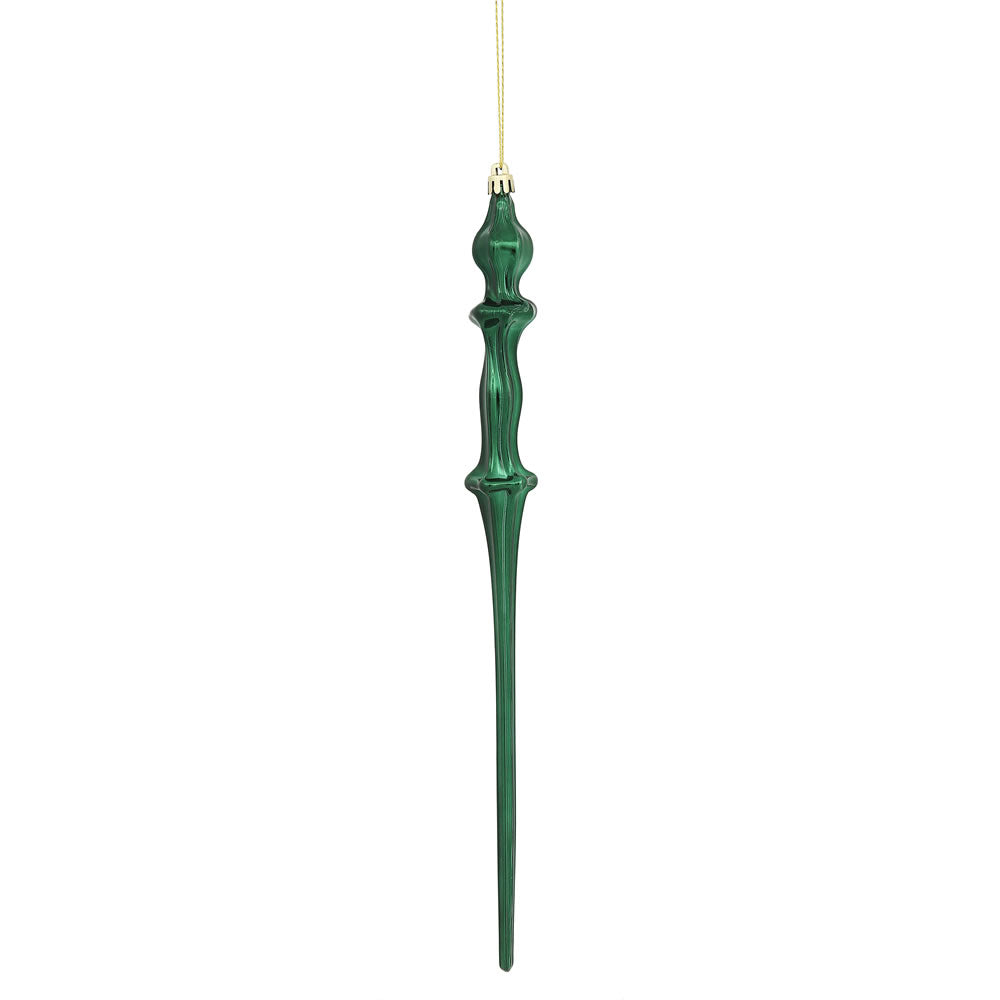 Vickerman 15.7" Midnight Green Shiny Icicle Ornament with drilled and wired caps. Comes 3 per Box.