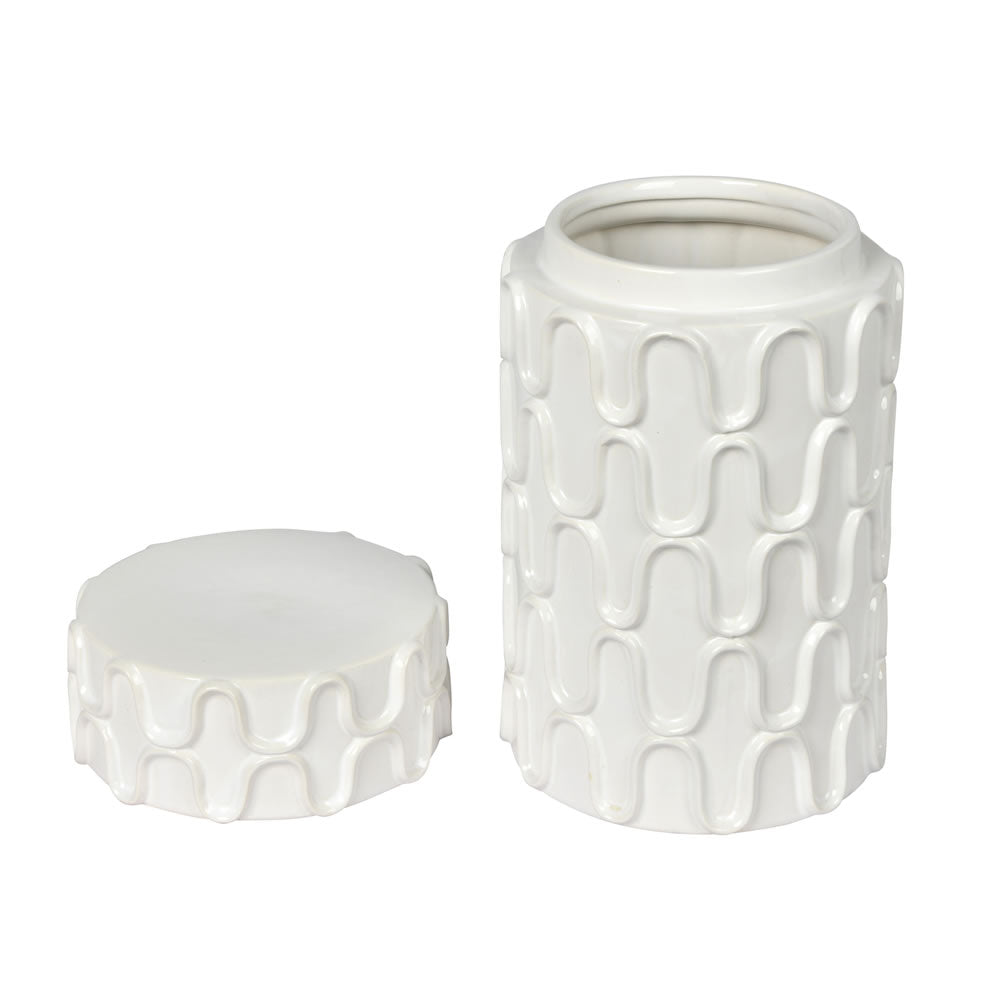 Vickerman 12" White Ceramic Container with Lid. This versatile container can pair with faux floral stems or stand as a simple decorative piece with the lid. It measures 12" H x 6.5" W.   100% CERAMIC